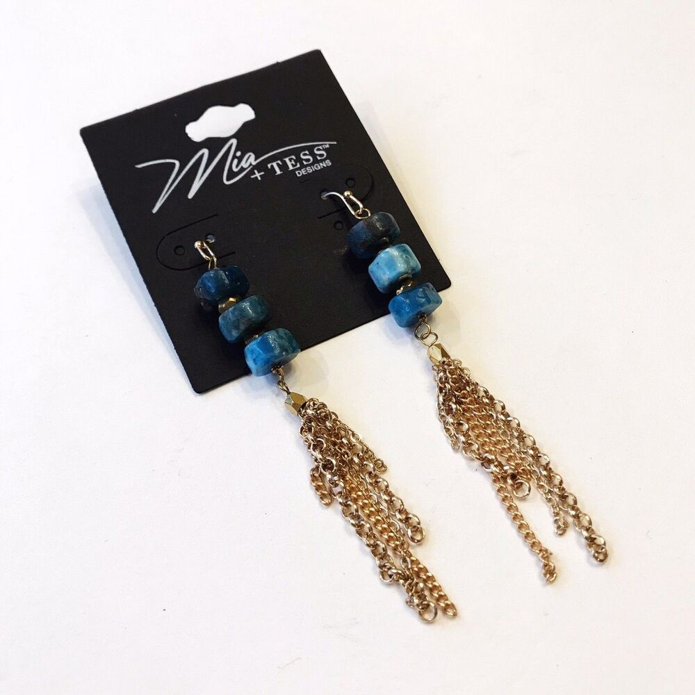 Mia + Tess Teal Turquoise Beaded Gold-tone Fashion Tassel Dangle Drop Earrings